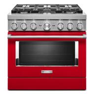 Red KitchenAid® dual fuel range with six burners and stainless steel knobs from Ranges & Cooktops collection