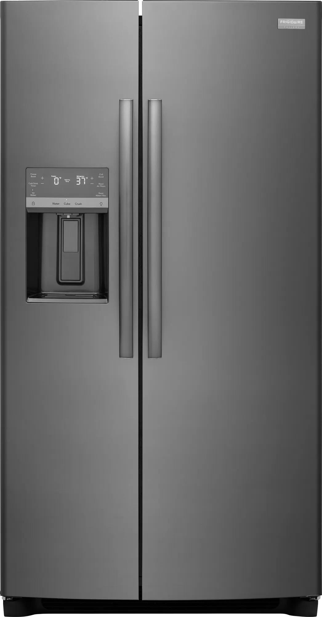 Gray side-by-side refrigerator with external water and ice dispenser and digital control panel from kitchen appliances collection