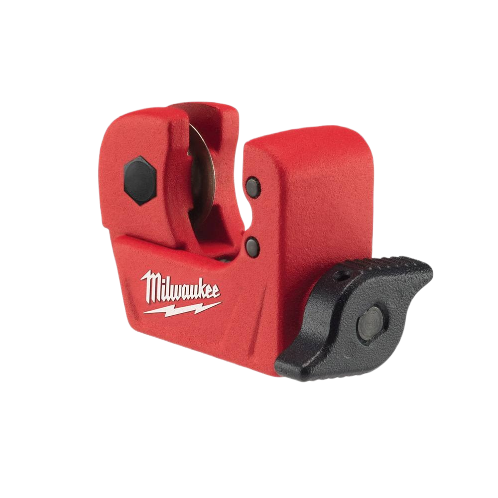 Compact red tubing cutter with ergonomic black adjustment knob, designed for cutting 1/2 inch copper pipes in home improvement projects