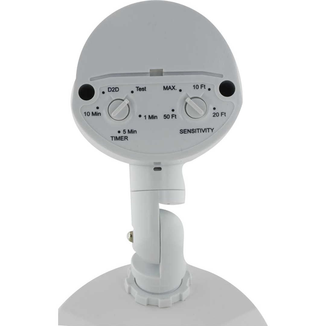 White motion sensor control panel with timer and sensitivity adjustment dials for outdoor security lighting systems