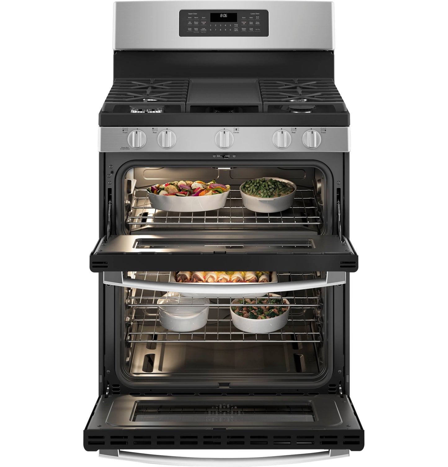 Stainless steel gas range with dual ovens open showing food inside from Ranges and Gas Ranges collections