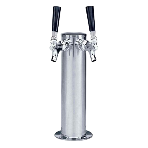 Stainless steel dual tap dispensing tower with black handles designed for beverage centers, kitchenware, and appliance collections.