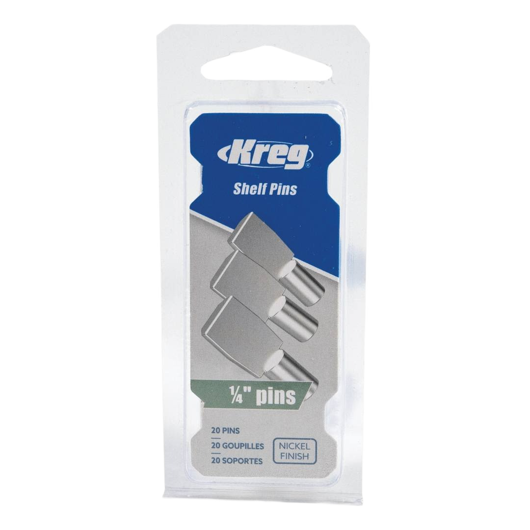 Clear plastic package of Kreg 1/4 inch nickel-finished shelf pins for woodworking tool accessories and home improvement projects under $50