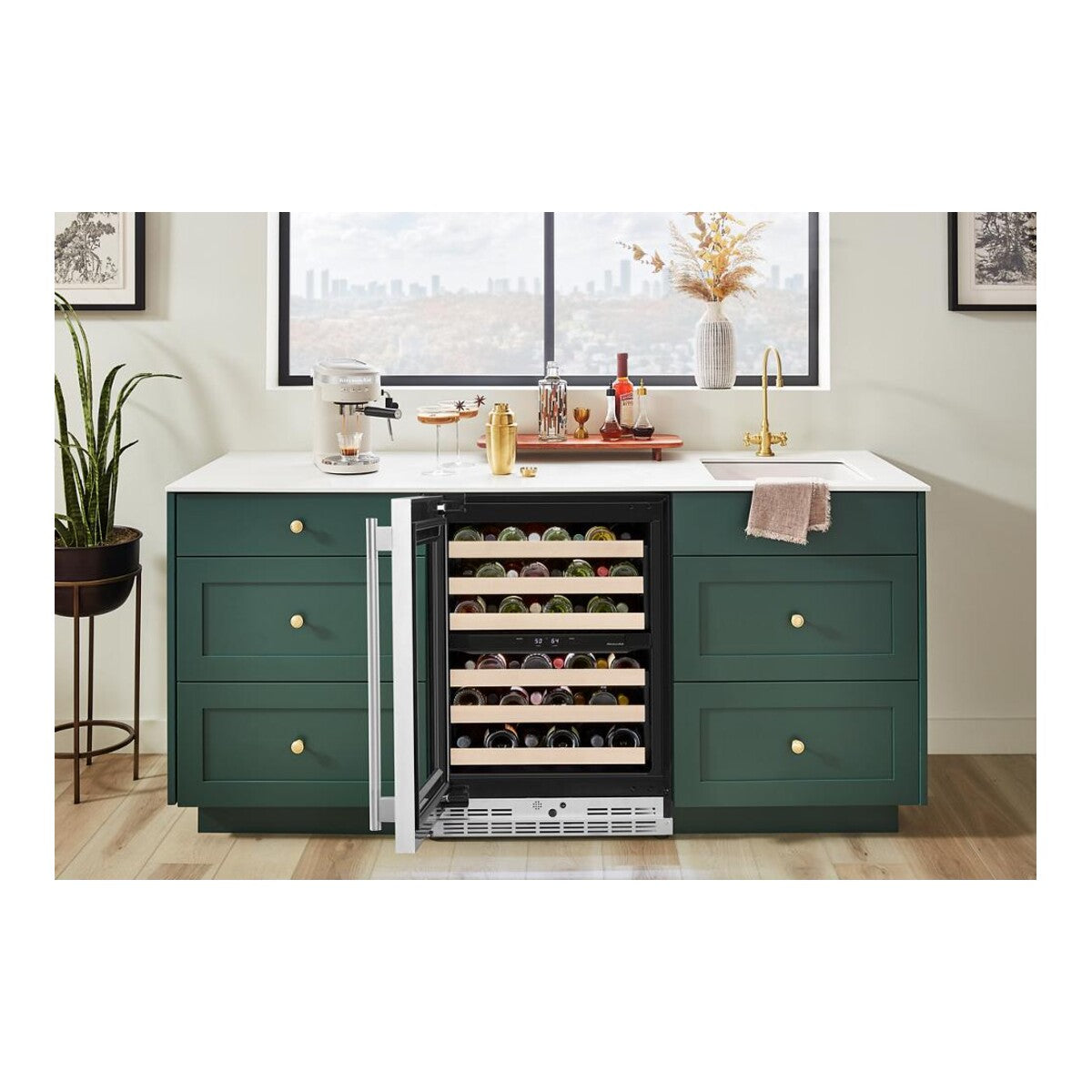 24-Inch Undercounter Wine Cellar with Left Door Swing and 46-Bottle Capacity and Full-Extension Wood-Front Racks in Juniper
