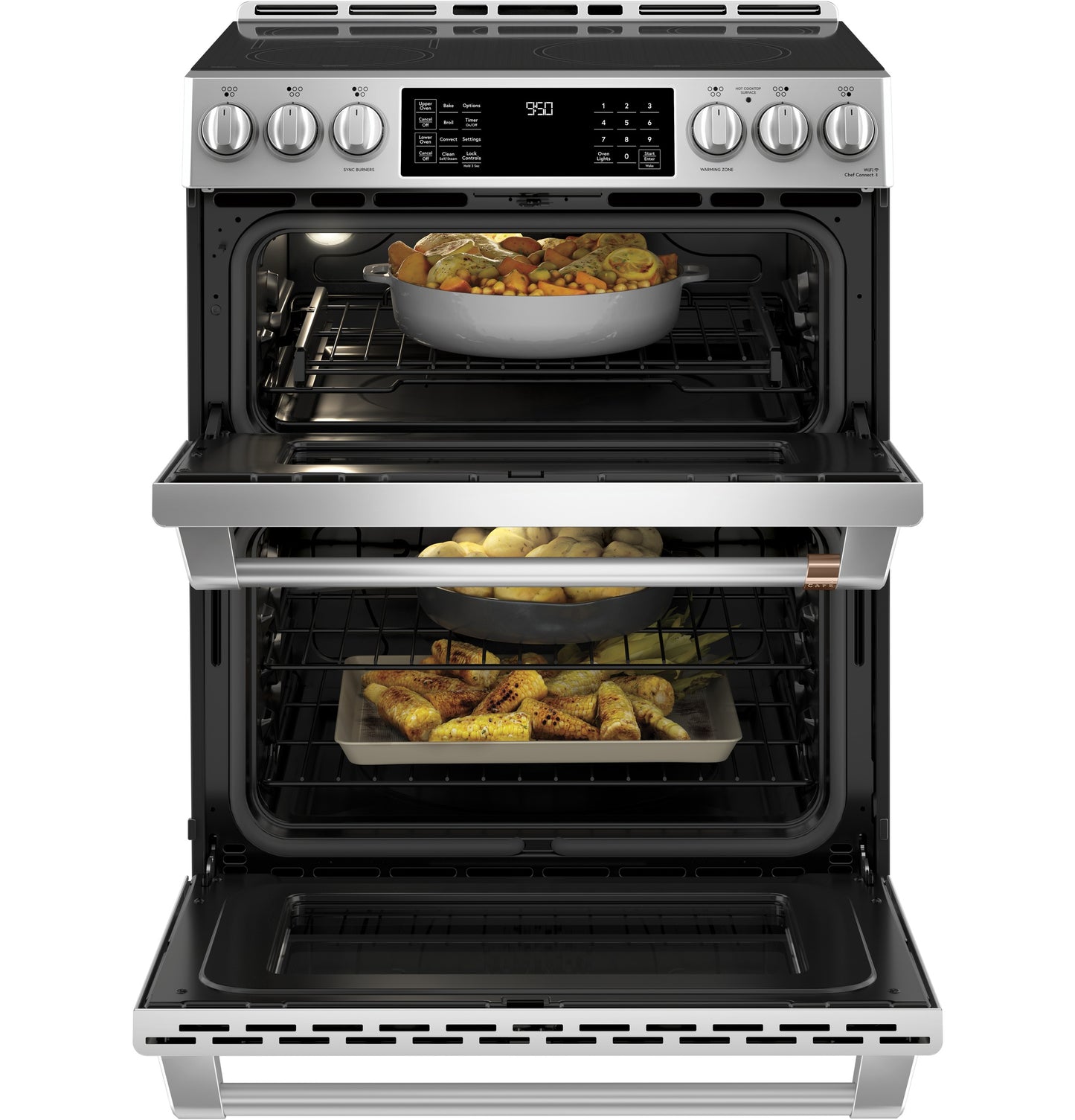 Stainless steel smart slide-in double-oven range with induction cooktop and convection cooking racks loaded with food
