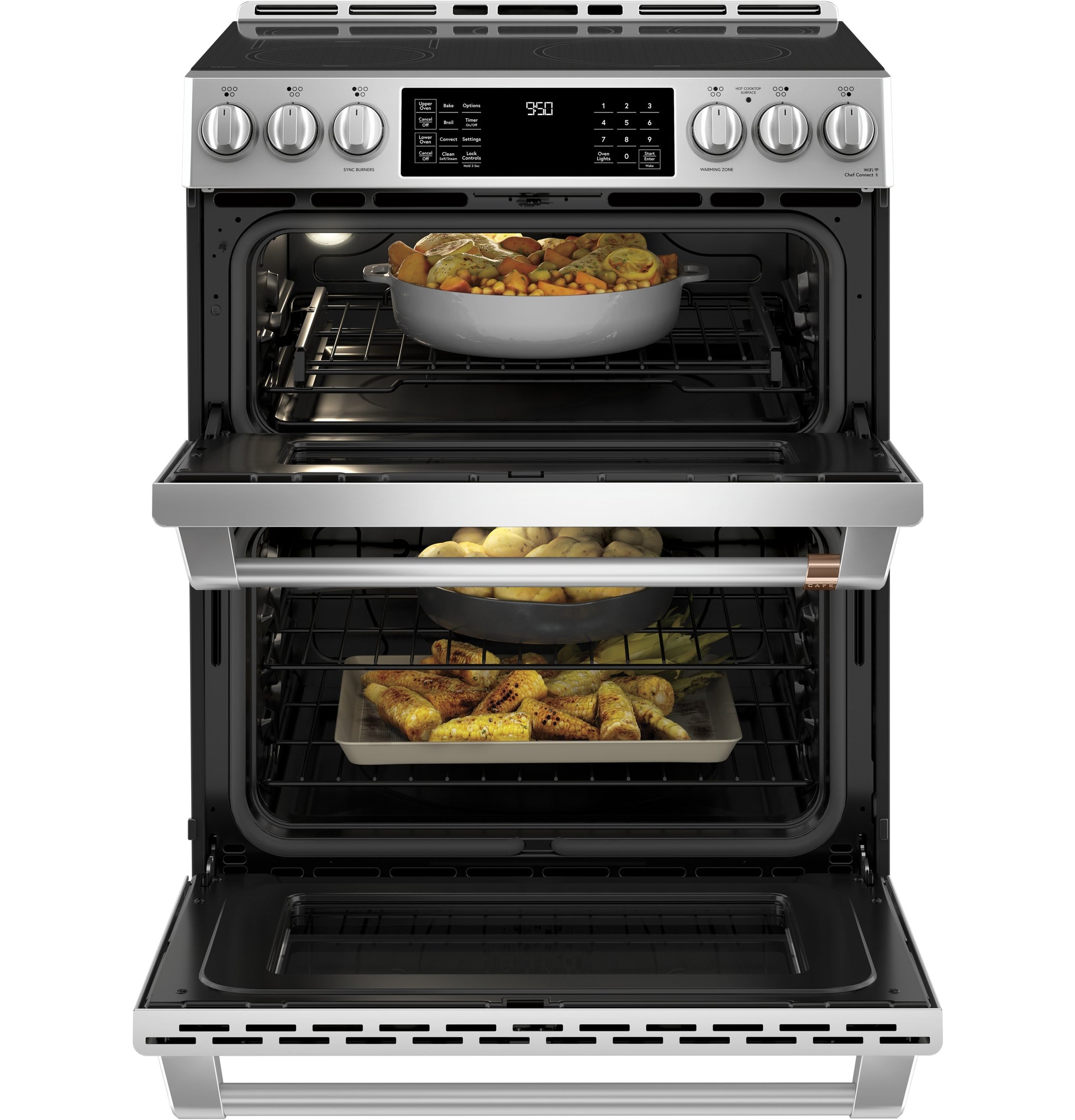 Stainless steel smart slide-in double-oven range with induction cooktop and convection cooking racks loaded with food