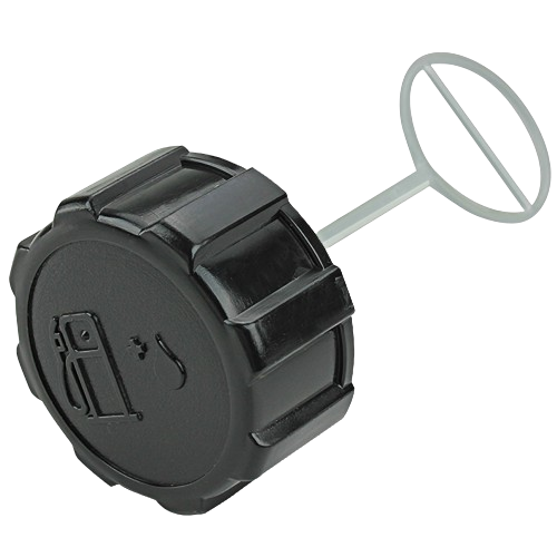 Black fuel tank filler cap with tether designed for automotive and John Deere equipment parts and accessories.