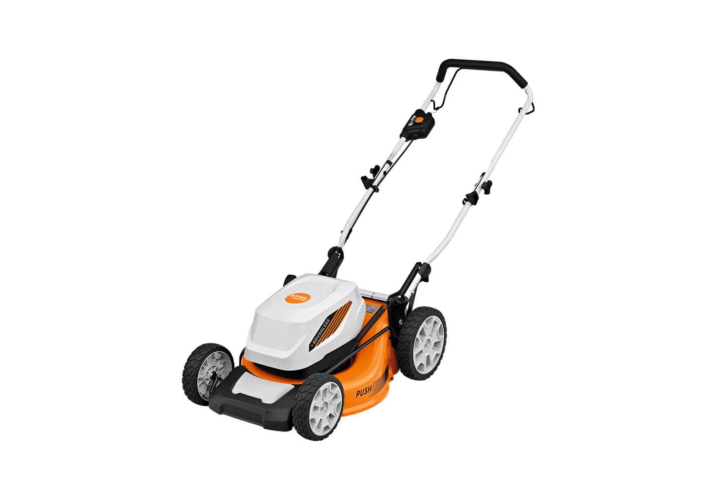 Compact orange and white self-propelled battery powered lawn mower with large rear wheels and adjustable handle for outdoor power equipment and lawn care tools.
