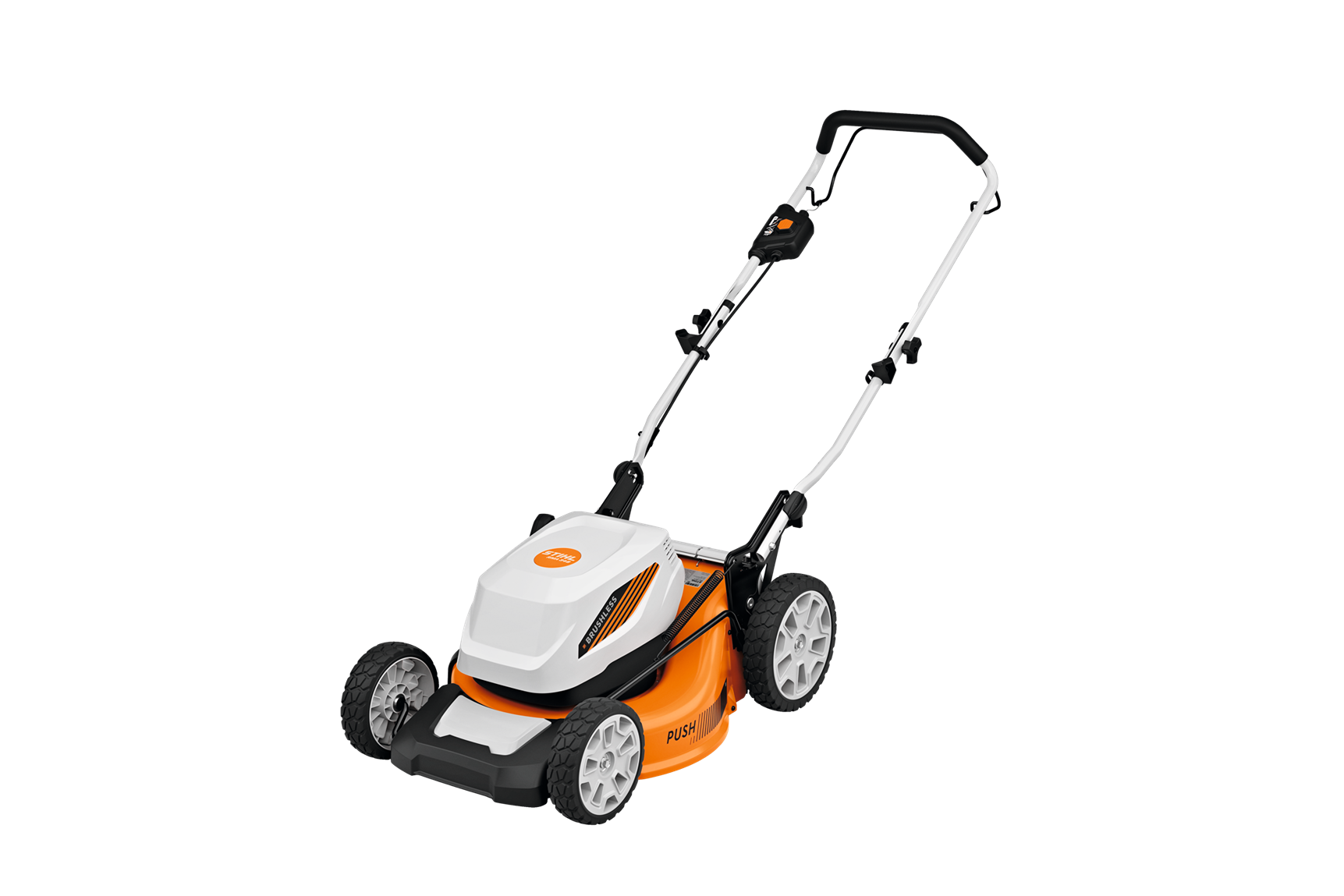 Compact orange and white self-propelled battery powered lawn mower with large rear wheels and adjustable handle for outdoor power equipment and lawn care tools.