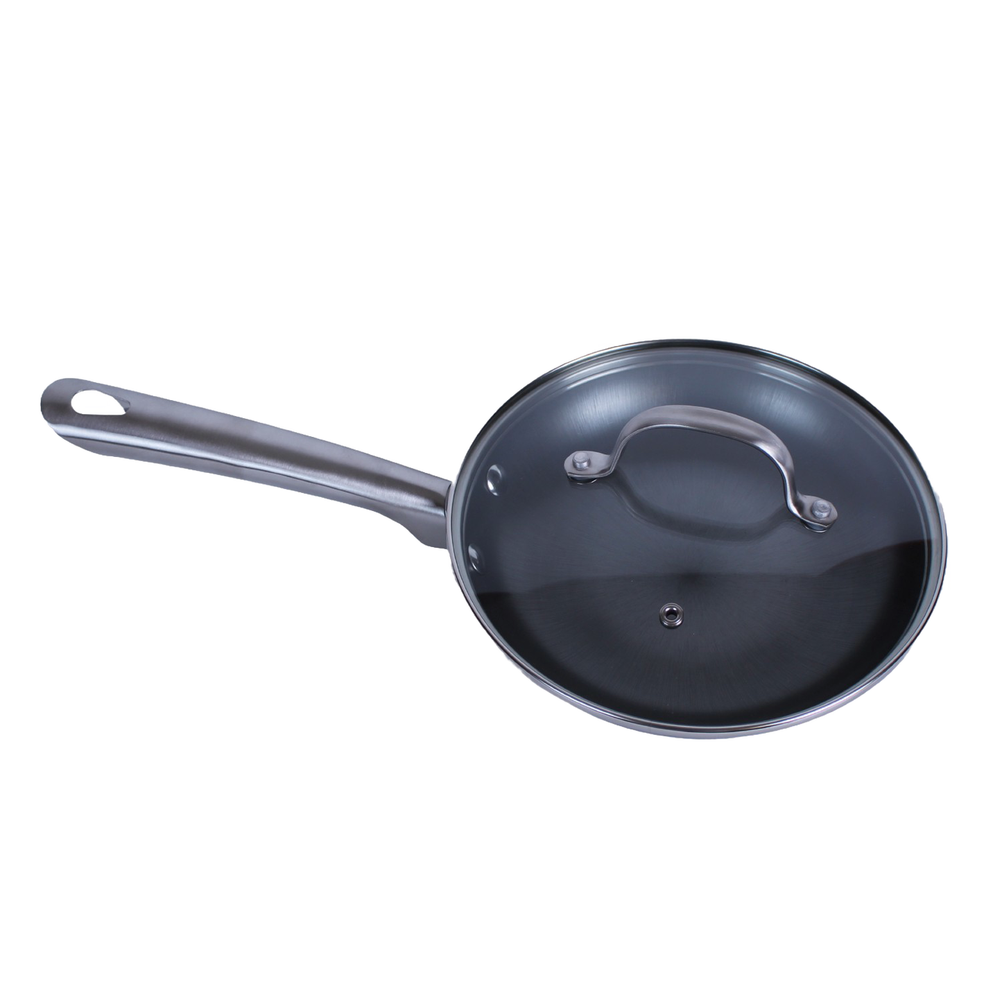 Black nitrogen-hardened cast iron skillet with glass lid and long stainless steel handle in kitchenware collections