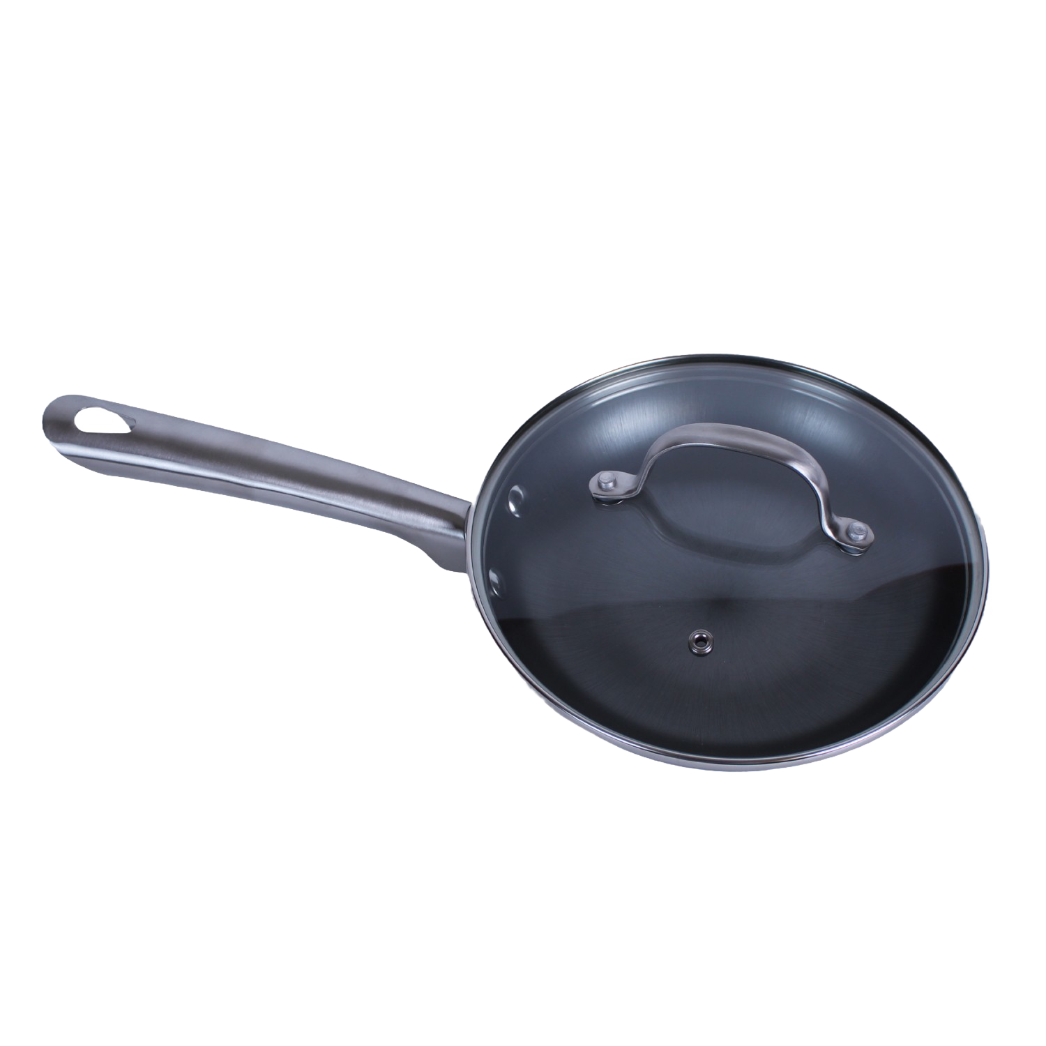 Black nitrogen-hardened cast iron skillet with glass lid and long stainless steel handle in kitchenware collections