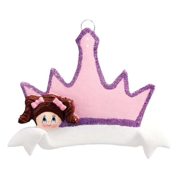 Pink crown ornament with smiling brunette girl and white banner for personalized holiday tree decoration under $50
