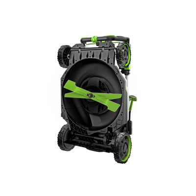Underside view of cordless mower showing bright green cutting blades and black wheel assembly for outdoor power equipment