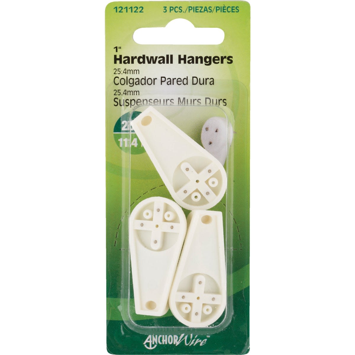 Set of three white hardwall hangers for securing items to drywall and masonry in hardware and fasteners collections