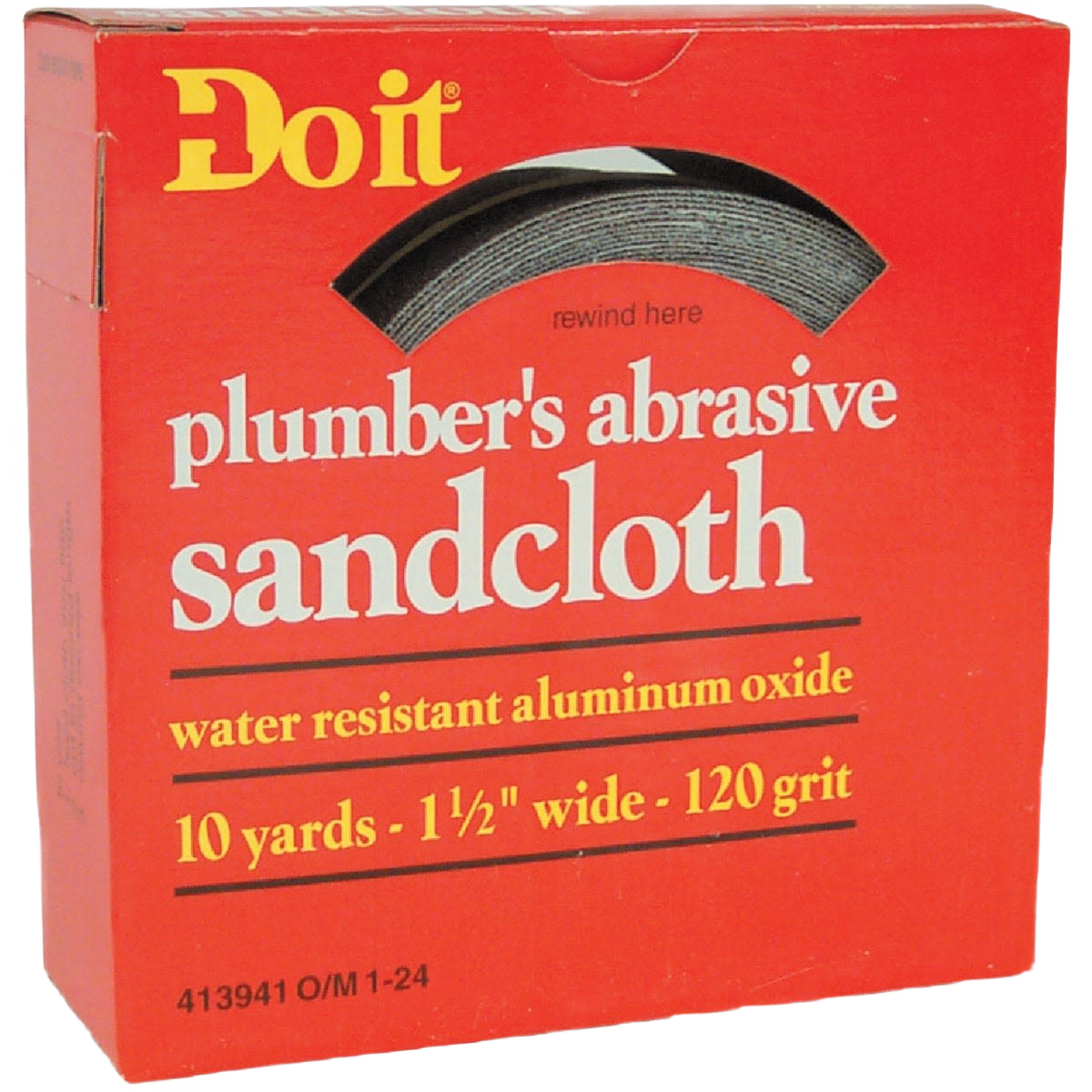 Red box of 120-grit plumber’s abrasive sandcloth made with water-resistant aluminum oxide for plumbing tools under $50