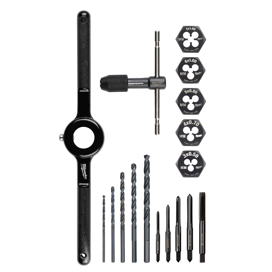 Metric tap and die set with threading handles and drills, part of Milwaukee tool accessories under $100 collection for home improvement