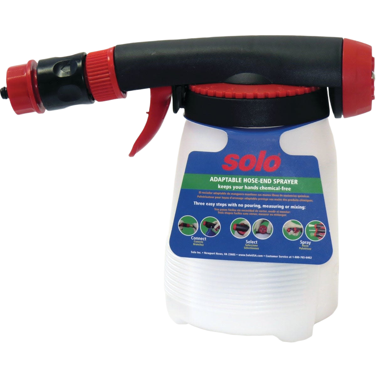 Compact hose end sprayer with black and red grip for easy chemical application in lawn and plant care tasks