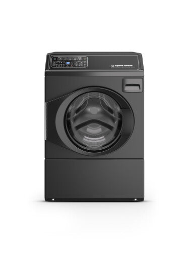 Matte black front load washer with left-hinged door and digital controls in washers and appliances collections