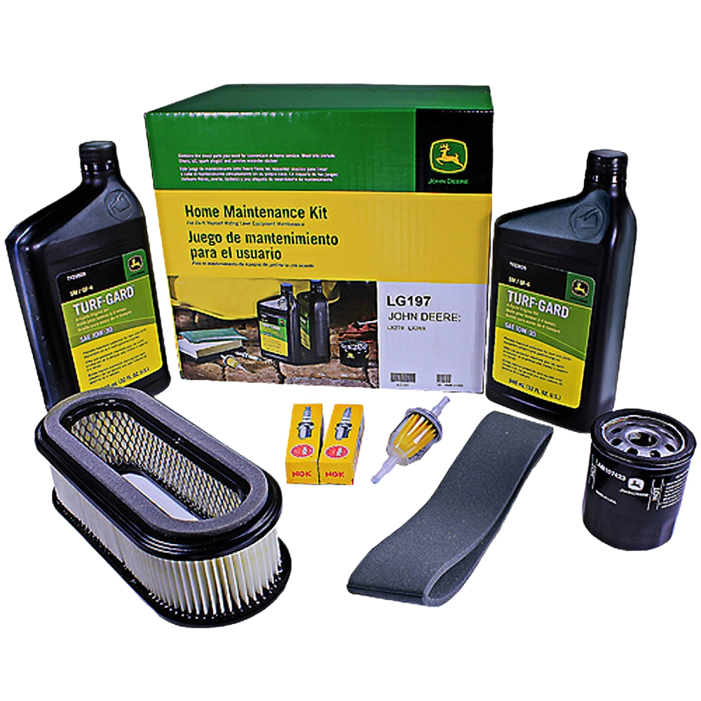 Home maintenance kit with oil bottles, air filter, spark plugs, fuel filter, foam pre-filter, and oil filter for tools use