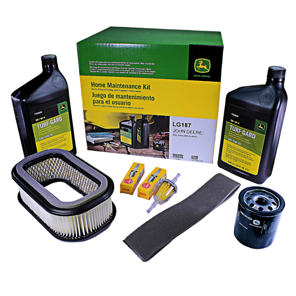 Home maintenance kit with oil, air filter, spark plugs, fuel filter, and paper sandpaper block for tools and home use