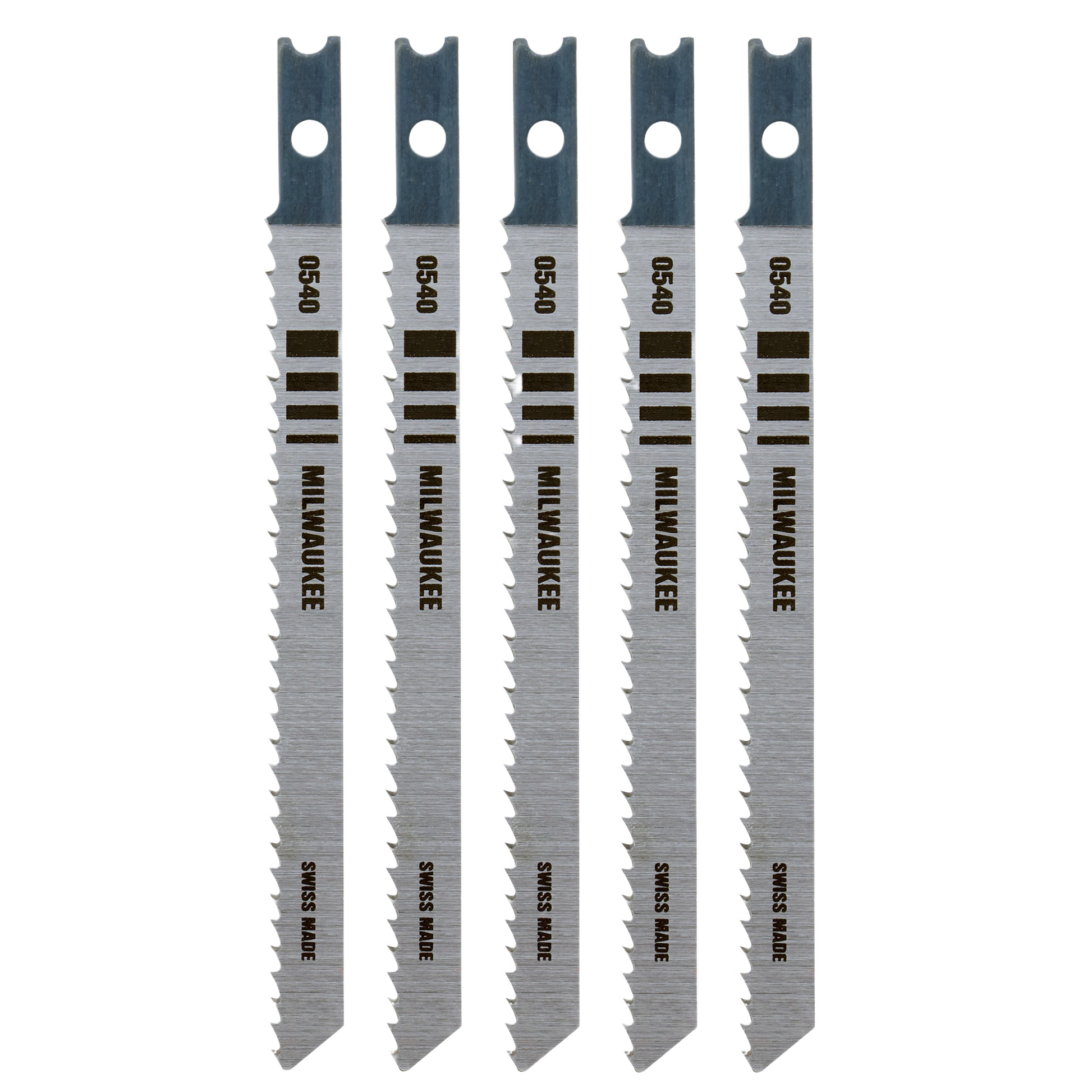 Set of five precision wood-cutting jigsaw blades with durable U-shank design for home improvement tools.