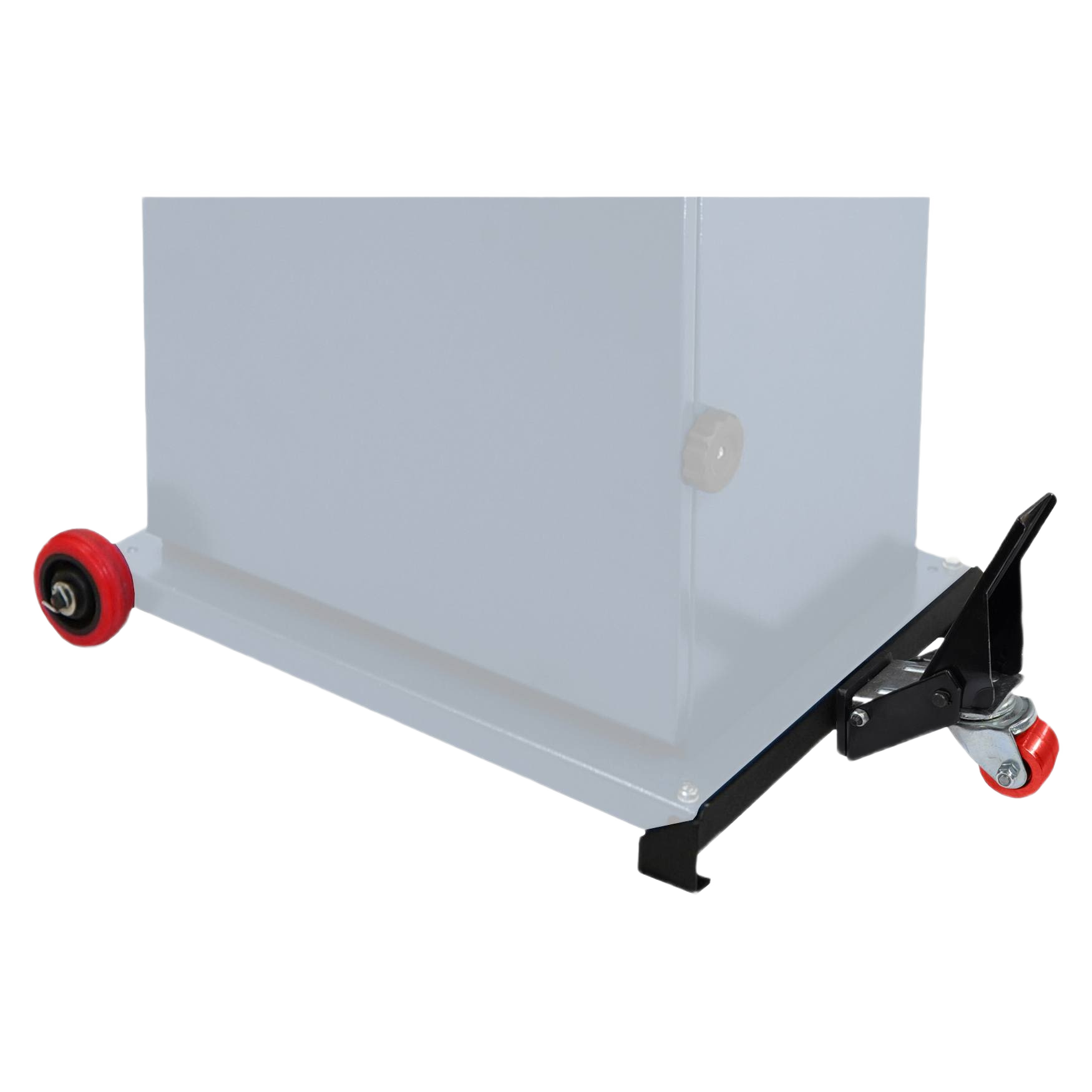 Steel mobility kit with red polyurethane wheels and mounting bracket for stable workshop tool relocation under $50