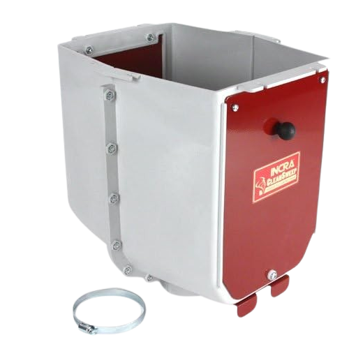 Metal dust collection cabinet with red front panel and clamp ring for woodworking hand tools and measuring tools collections