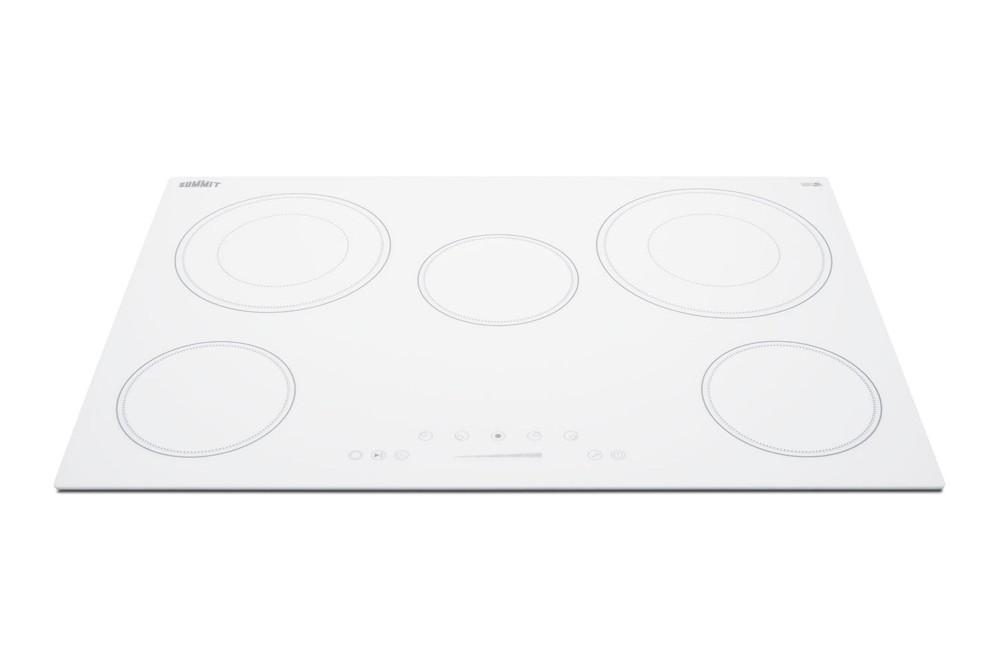 White smooth radiant cooktop with five burners and integrated touch controls from kitchen appliances collection