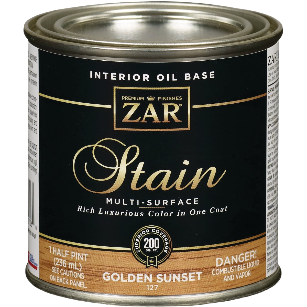 Half pint can of golden sunset interior oil base wood stain for multi-surface use in stains and finishes collections
