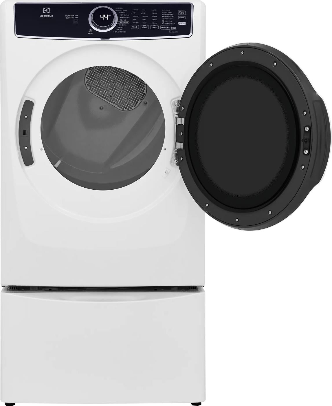 White front load electric dryer with open door and digital control panel from modern dryers collection at home improvement store