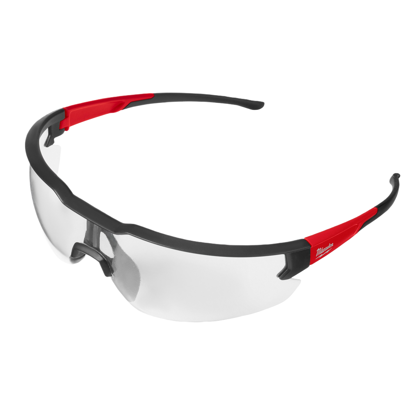Clear lens safety glasses with fog-resistant coating and red and black frame for protective eyewear and safety gear collections