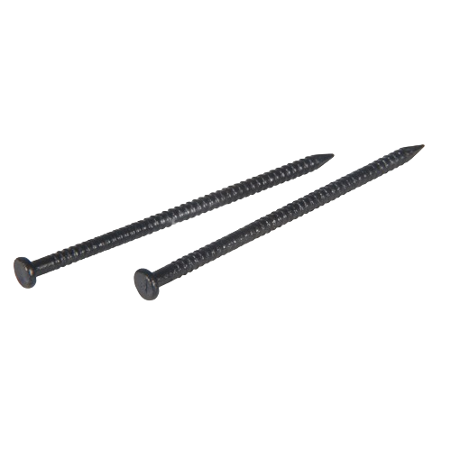 Two black panel nails with pointed tips and flat heads for indoor fastening in hardware and fasteners collections