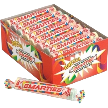 Colorful Smarties Mega Roll candy tubes in a display box for Chocolates & Candies and Food & Beverage collections