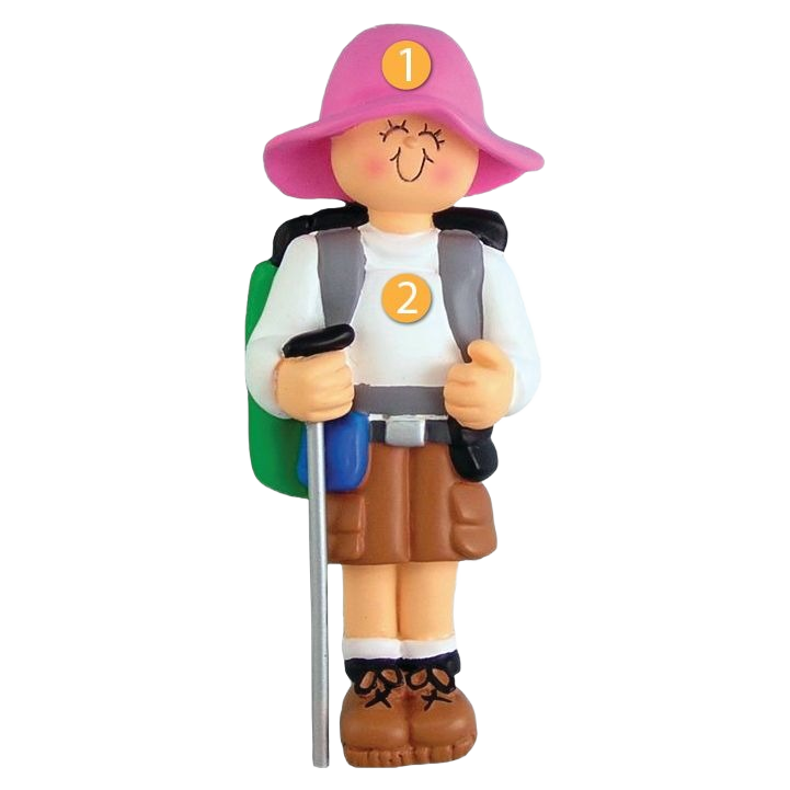 Female hiker ornament wearing a pink hat with backpack and walking stick Christmas tree decoration under $50 collection