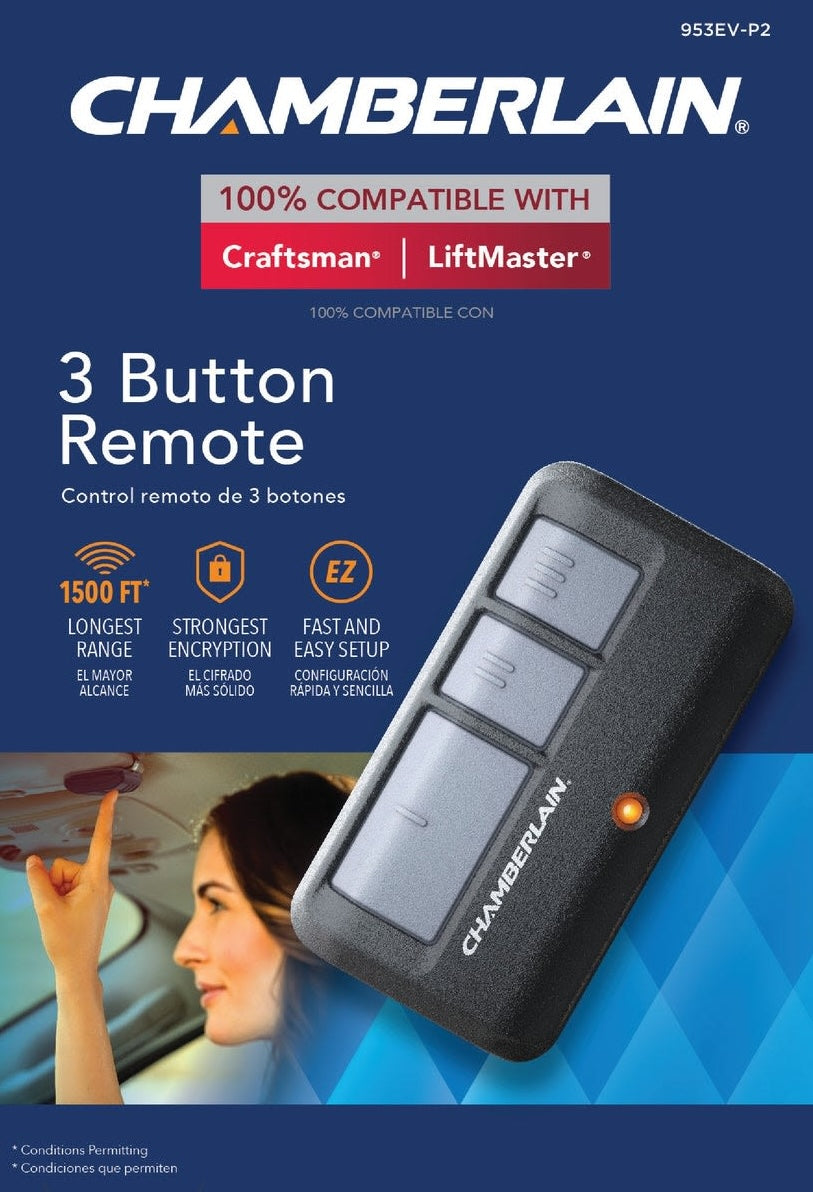 Black and gray 3-button garage door remote with wireless range and easy setup for home improvement use
