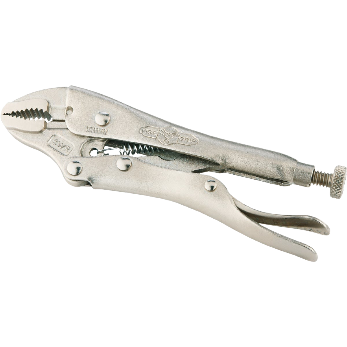Silver curved jaw locking pliers with adjustable screw for gripping tools and home improvement tasks