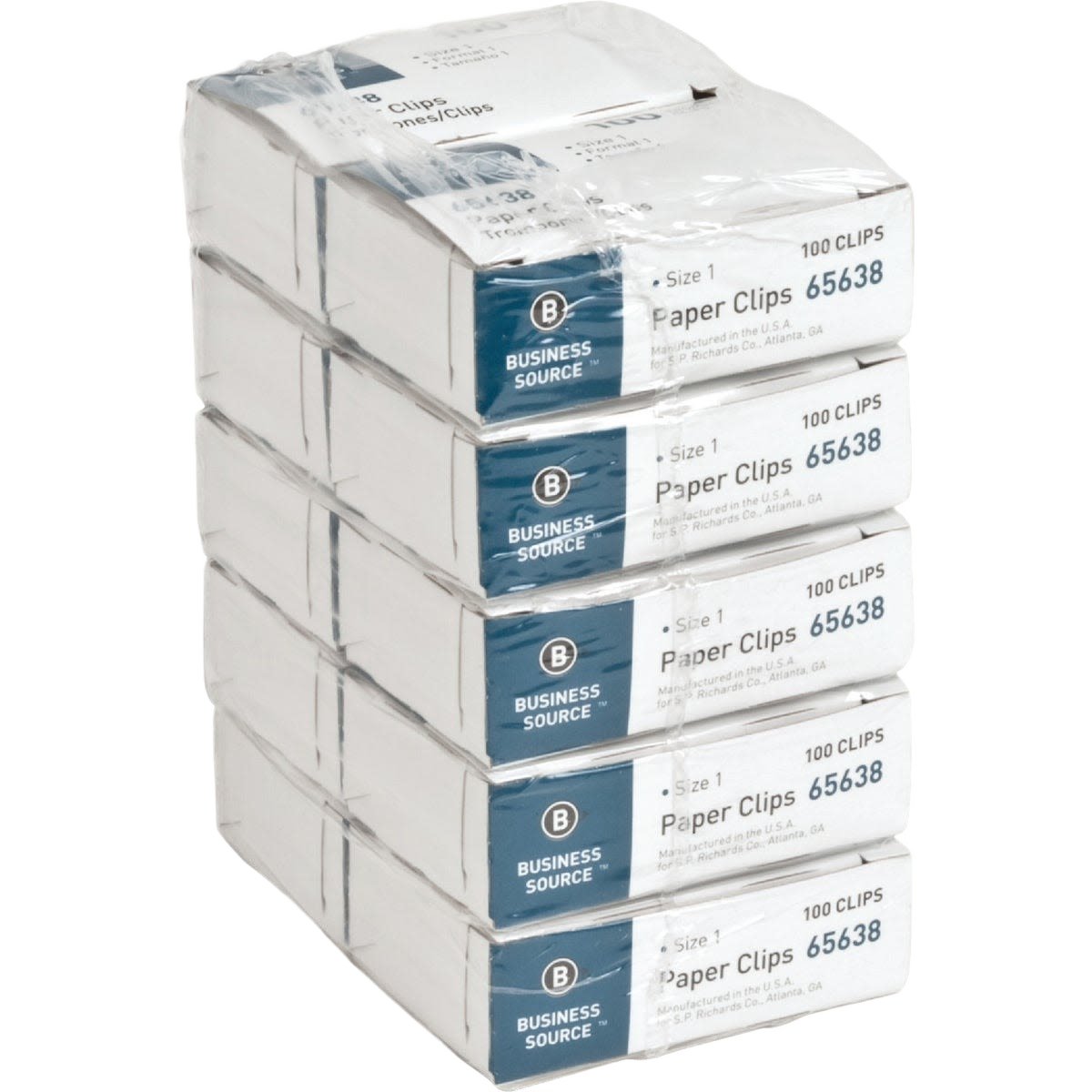 Stack of five boxes of regular paper clips, 100 count each, for office supplies and stationery under $50 collection