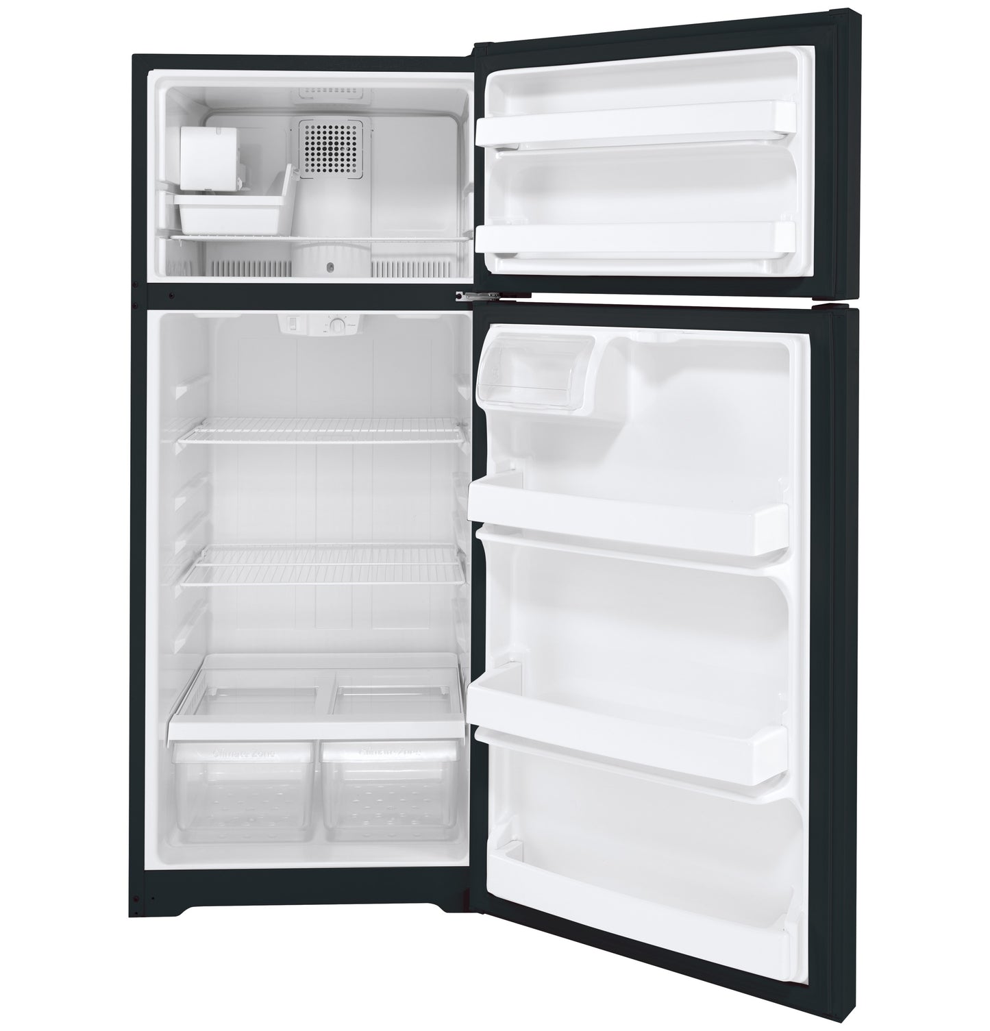 Black top-freezer refrigerator open showing empty shelves and clear crisper drawers in kitchen appliances collection