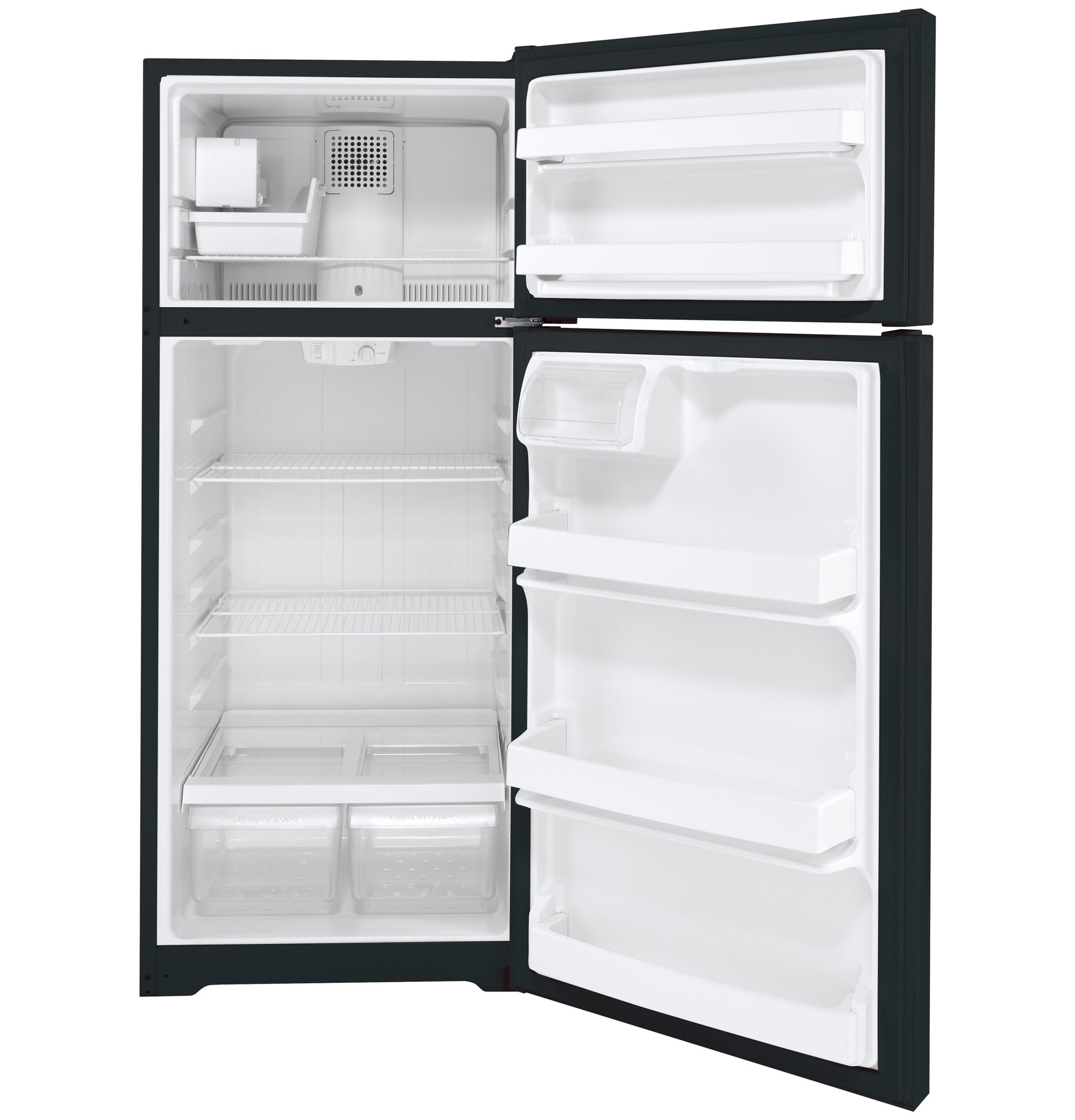Black top-freezer refrigerator open showing empty shelves and clear crisper drawers in kitchen appliances collection