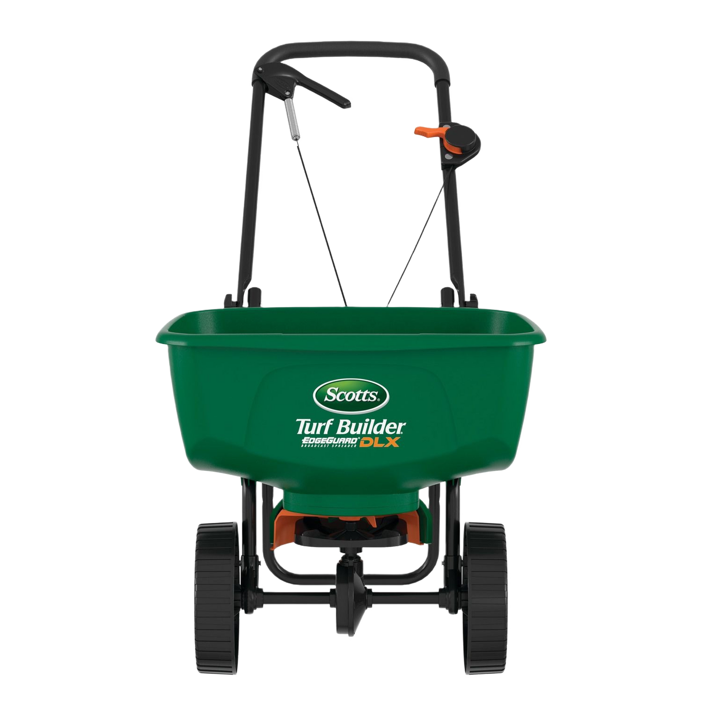 Green broadcast spreader with dual wheels and ergonomic handle for lawn care and gardening tools use