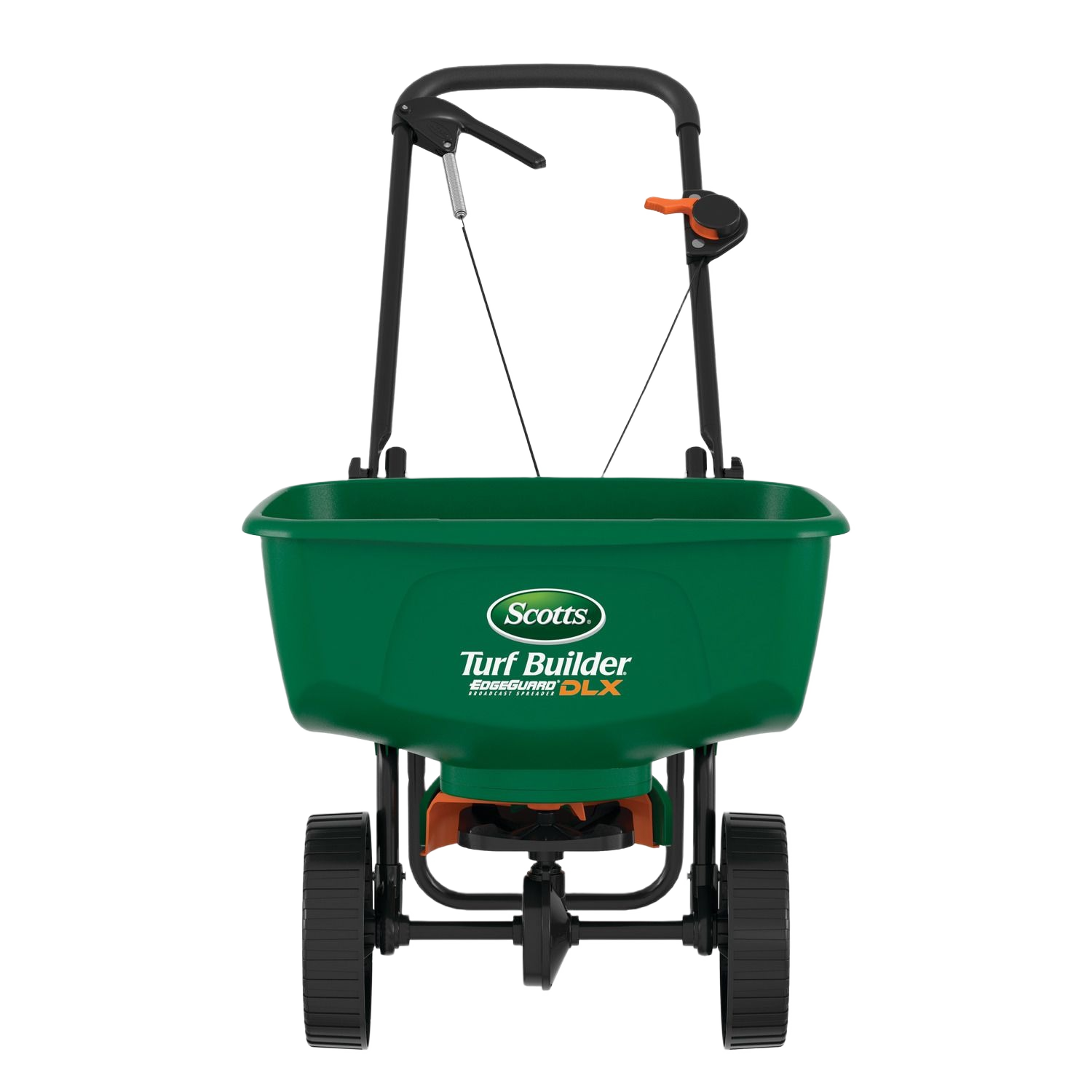 Green broadcast spreader with dual wheels and ergonomic handle for lawn care and gardening tools use