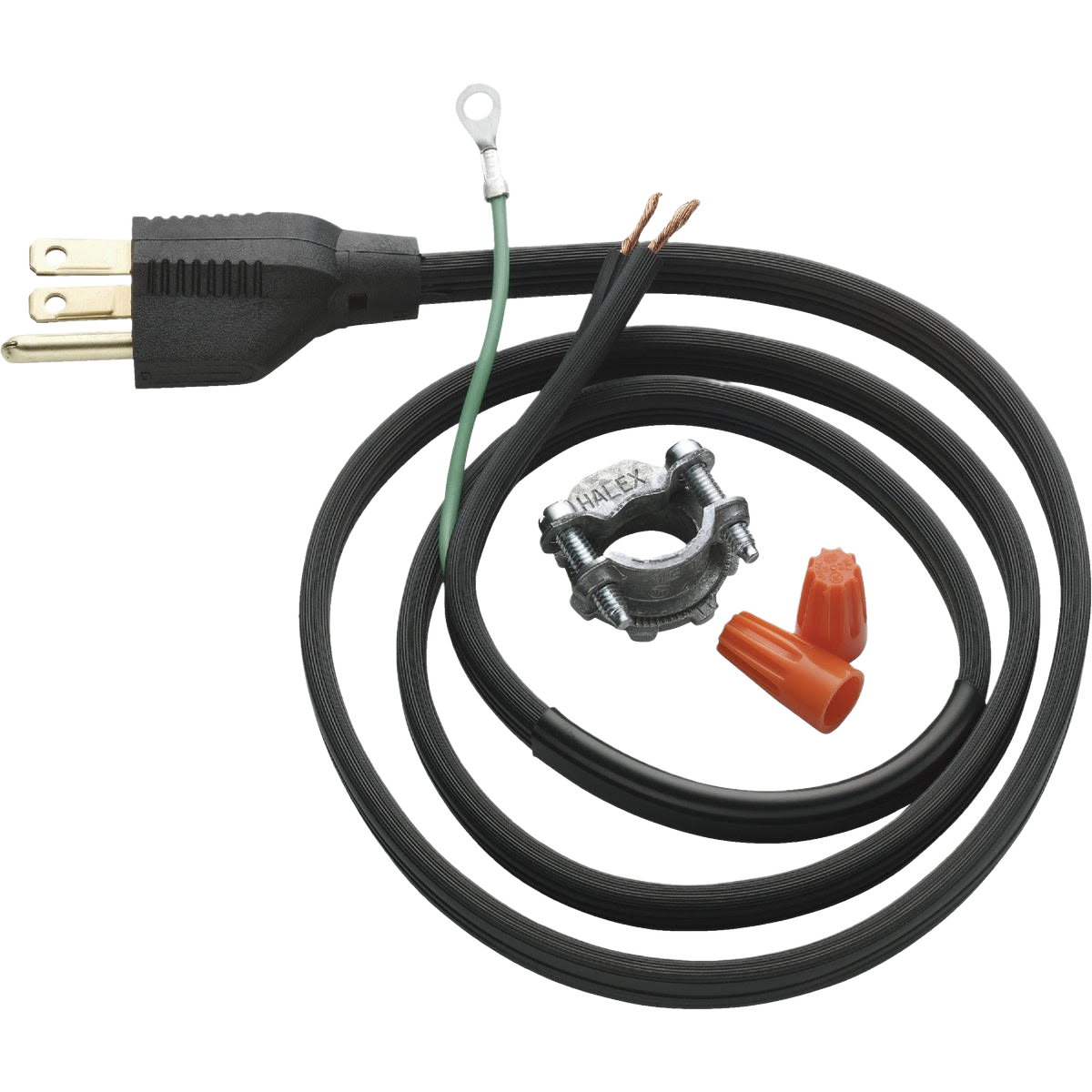 Black power cord kit with plug, wire connectors, and metal strain relief clamp for appliance and plumbing repair parts