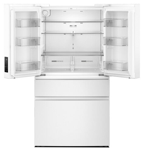 White French door refrigerator with spacious interior, adjustable shelves, and dual freezer drawers from appliances collection