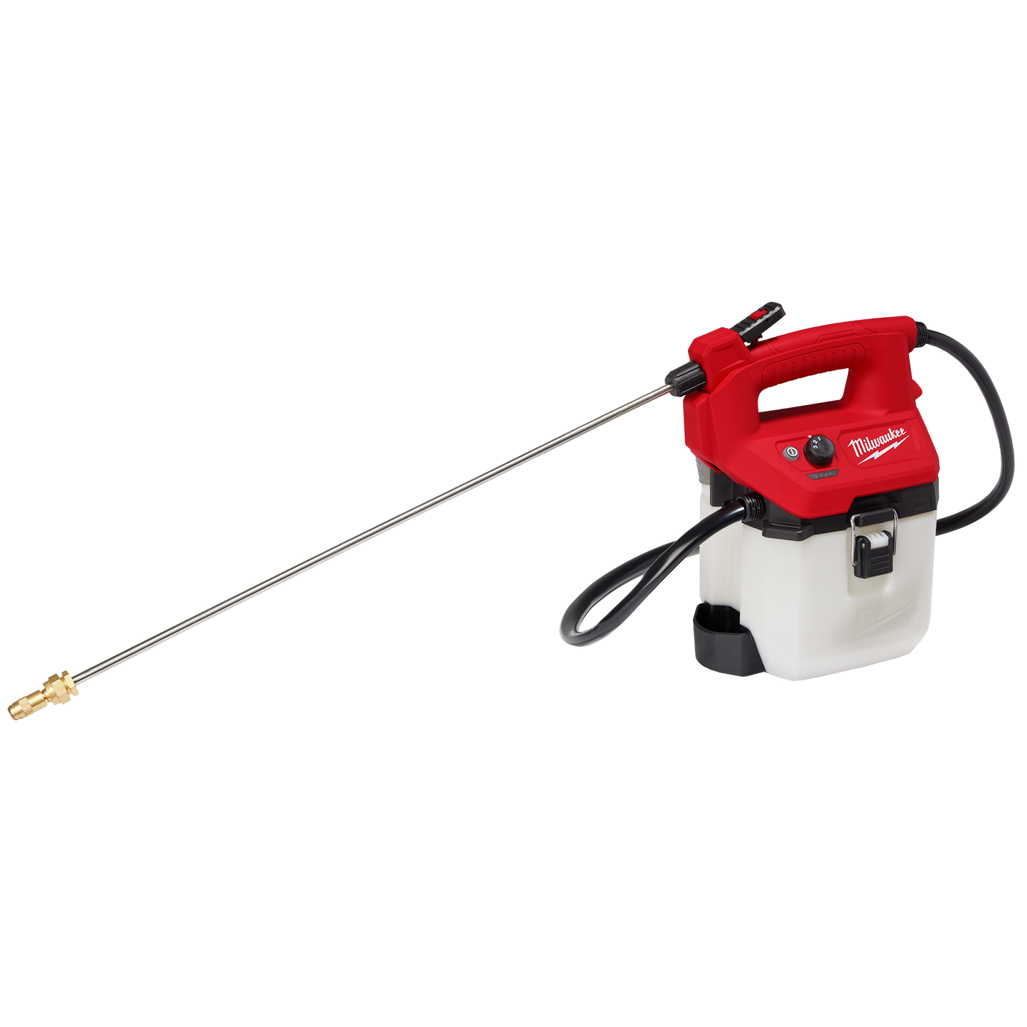 Red and white handheld sprayer with 1-gallon tank, metal wand, and ergonomic handle for tools and home improvement tasks