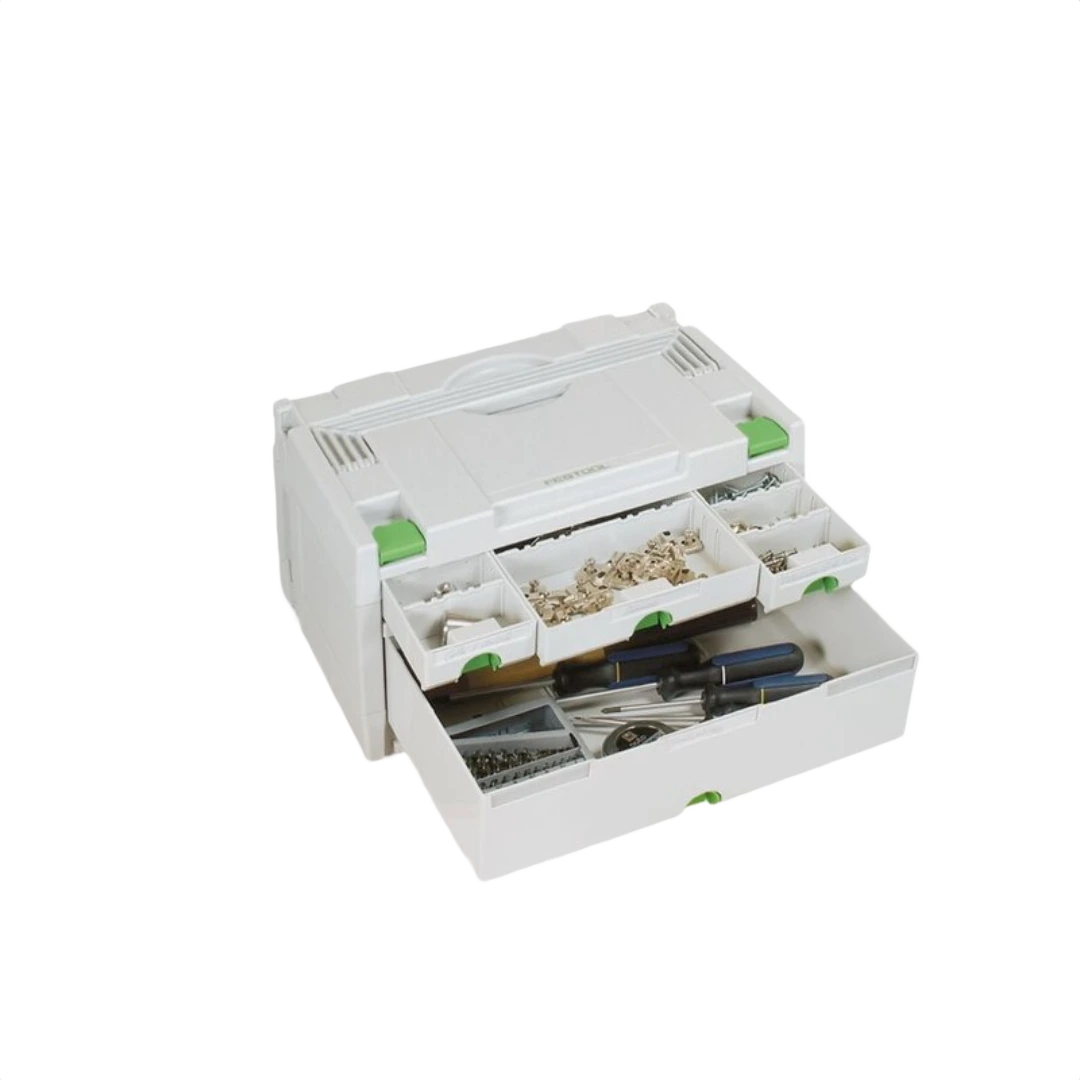 White modular storage box with four drawers containing small hardware and hand tools for workshop organization