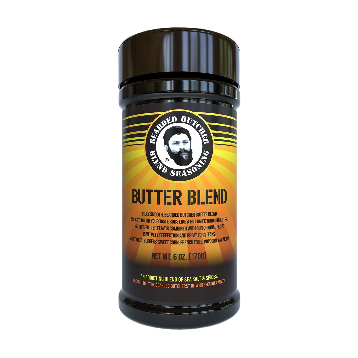 Black spice container labeled butter blend seasoning for grilling sauces and BBQ rubs collections