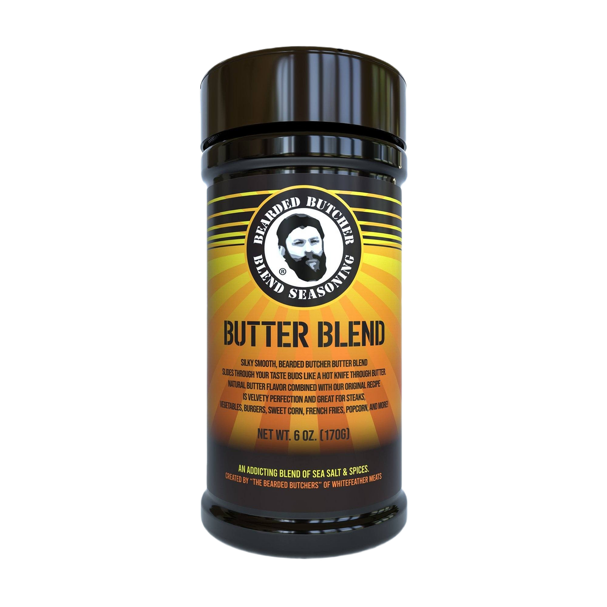Black spice container labeled butter blend seasoning for grilling sauces and BBQ rubs collections