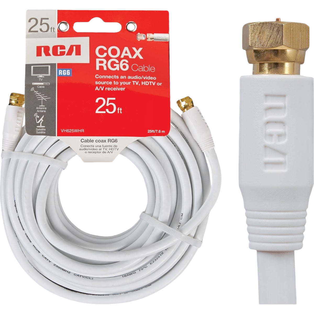 White RG6 coaxial cable with connectors for audio and video connections in home improvement projects