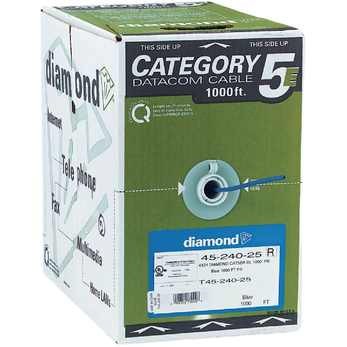 Box of blue 24-gauge Category 5E data cable for voice, data, and telecommunications in wire and electrical collection