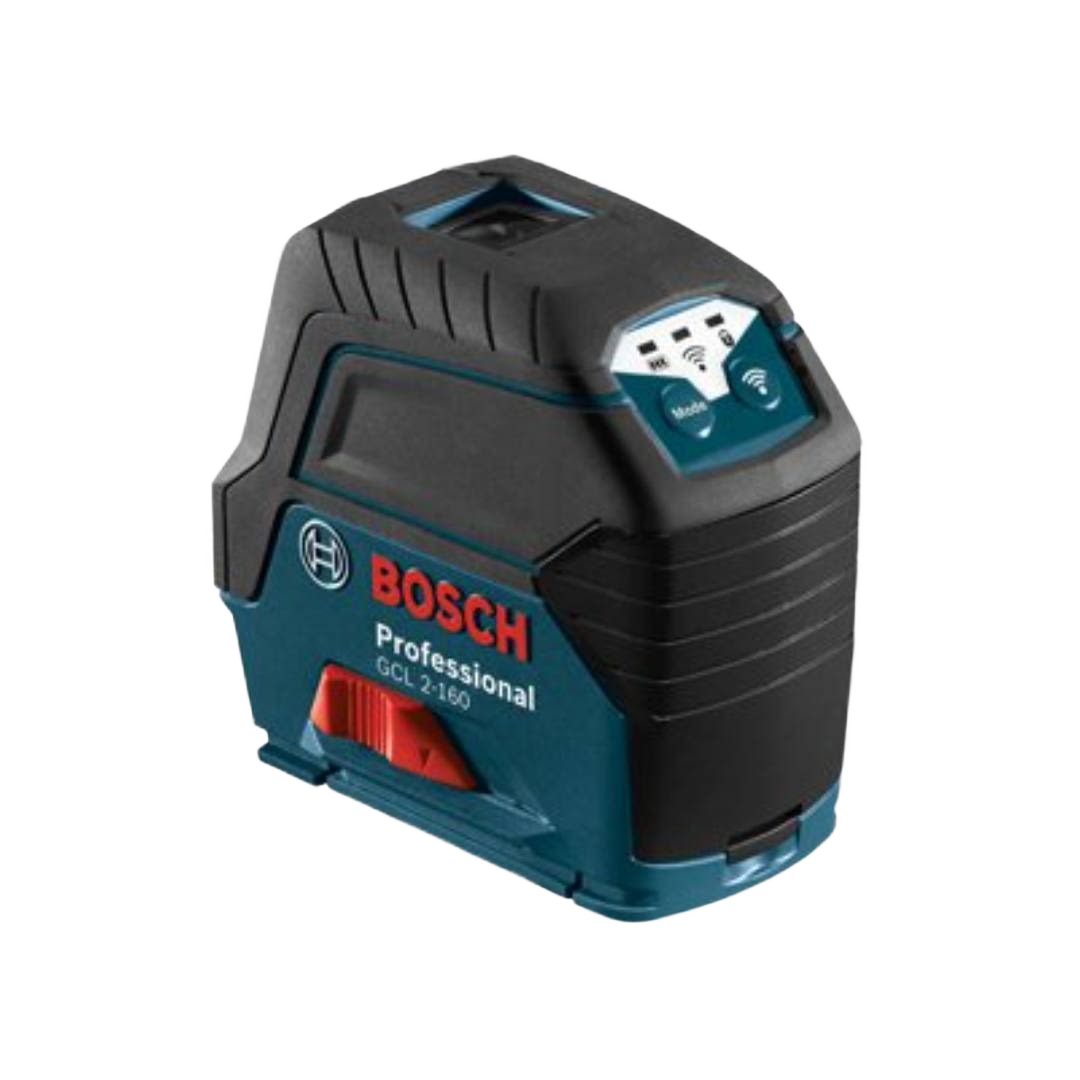 Compact Bosch cross-line laser level in blue and black with plumb point features for precise home improvement tasks